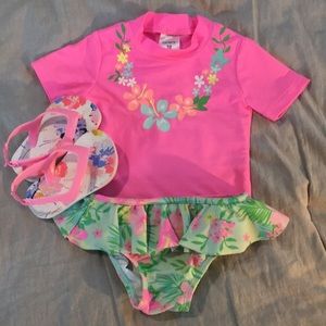 Carter’s swimsuit and flip flops